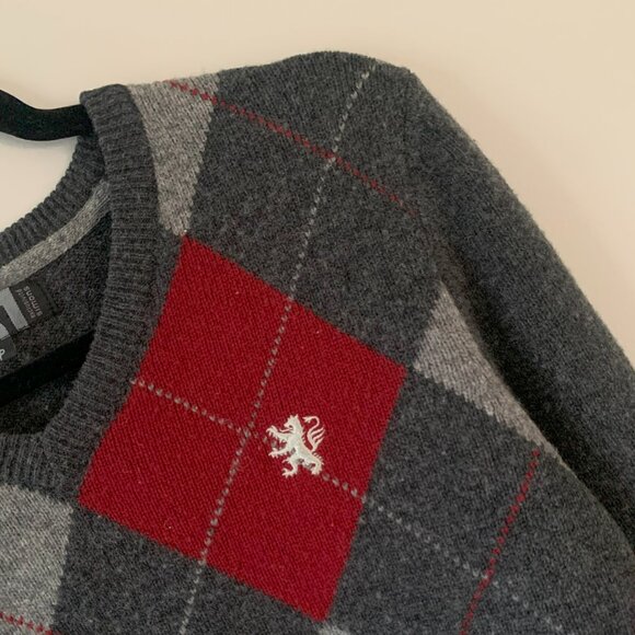Lion Argyle Red Grey Wool V-Neck Sweatshirt - Picture 3 of 4